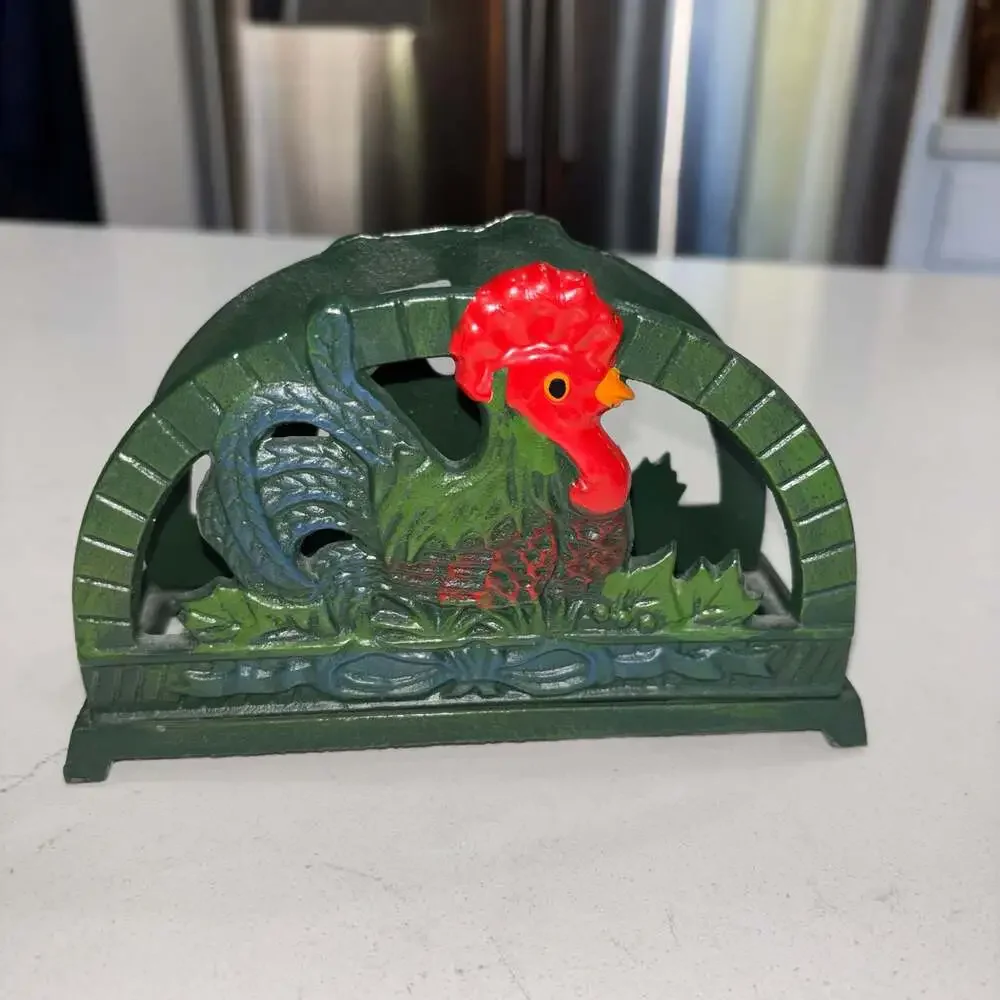 ODI 2002 Cast Iron Painted Rooster Napkin Holder